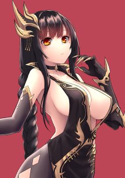 1girl black_hair black_pantyhose braid breasts center_opening choker cleavage elbow_gloves gloves highres kangxi_(moeoh_ex) large_breasts long_hair looking_at_viewer moeoh_ex mole mole_under_eye nameko_houshi orange_eyes pantyhose red_background simple_background solo