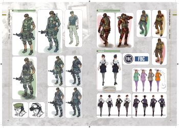 Rule 34 | 1girl, 2boys, absurdres, artbook, capcom, reference sheet, chris redfield, concept art, full body, gun, highres, jessica sherawat, long hair, looking at viewer, military, military uniform, multiple boys, muscular, official art, parker luciani, resident evil, resident evil: revelations, tactical clothes, weapon, wide hips