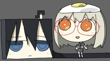 2girls big_head black_hair blonde_hair blue_eyes chibi egg_(food) egg_hair_ornament egg_yolk food food-themed_hair_ornament food_on_head fried_egg grey_background hair_ornament highres jitome multiple_girls mushroom mushroom_on_head object_on_head red-framed_eyewear shimeji_simulation square_head tareme tsukishima_shijima tsukumizu_yuu yamashita_majime yellow_eyes