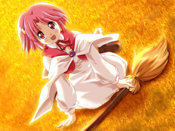 Rule 34 | 1girl, boots, brooch, broom, brown boots, crescent, crescent hair ornament, curtained hair, dutch angle, full body, grass, hair ornament, jewelry, kouzuki hajime, looking up, neck ribbon, on ground, open clothes, open mouth, open vest, original, pink eyes, pink hair, red ribbon, red vest, ribbon, robe, sitting, smile, solo, vest, wariza, white robe