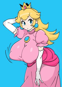 1girl arm_behind_head blonde_hair blue_eyes breasts covered_erect_nipples drawfag dress gloves hand_on_lap hand_on_own_leg hand_on_own_thigh highres large_breasts leaning_forward legs long_hair mario_(series) nintendo princess princess_peach puckered_lips solo thighs