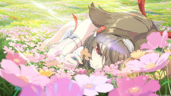 1girl absurdres bad_link bare_shoulders brown_hair copyright_notice flower grass grey_hairband hairband highres lying official_art official_wallpaper outdoors pink_flower red_eyes solo ye_shunguang yellow_flower zenless_zone_zero