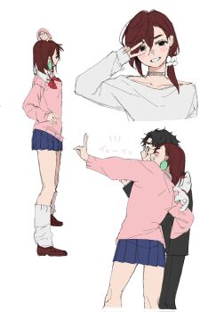 1boy 2girls anger_vein arm_up ayase_momo black_choker black_hair black_jacket black_pants blue_skirt blush brown_eyes brown_hair brown_shoes choker commentary_request dandadan earrings from_side full_body gakuran glasses grin gyaru hair_ornament hair_scrunchie highres j8s9x60873 jacket jewelry kami_high_school_uniform leaning_to_the_side long_sleeves looking_at_viewer loose_socks low_ponytail low_side_ponytail lying maneki-neko miniskirt multiple_girls multiple_views on_stomach outstretched_arm pants parted_lips pink_sweater pleated_skirt ponytail profile round_eyewear school_uniform scrunchie shirt shoes short_hair side_ponytail simple_background skirt smile socks sweater takakura_ken_(dandadan) turbo_granny_(dandadan) upper_body v white_background white_scrunchie white_shirt white_socks