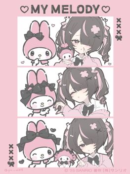 Rule 34 | 2girls, animal ears, black bow, black bowtie, black eyes, black hair, border, bow, bowtie, cardigan, closed mouth, commentary request, hair ornament, hair over one eye, heart, heart-shaped pupils, highres, long sleeves, looking at viewer, medium hair, multicolored hair, multiple girls, my melody, one eye covered, onegai my melody, original, parted bangs, parted lips, pink border, pink cardigan, pink streaks, rabbit ears, sanrio, smile, streaked hair, symbol-shaped pupils, x hair ornament, yu o015