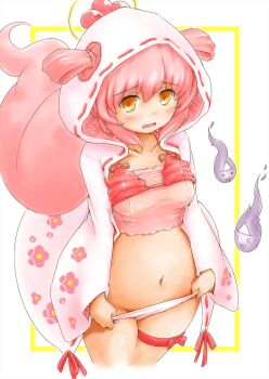 belly bra commentary_request confused fululu_(mamorukun_curse!) highres jigokudani_fululu mamorukun_curse! naked_parka open_mouth orange_eyes panties pink_bra pink_hair solo tail underwear white_panties