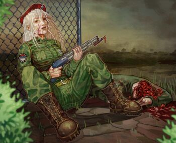 1boy 1girl albino bayonet belt belt_buckle beret blood blood_on_clothes blood_on_face blood_splatter bloody_weapon boots bosnian_army brain brown_boots buckle callsign camouflage camouflage_jacket camouflage_pants chain-link_fence commission commissioner_upload erratas exposed_brain eyeball fence green_belt grey_sky gun guro hat highres holding holding_gun holding_weapon jacket lace-up_boots leaf logo long_hair looking_at_viewer lower_teeth_only military_uniform mossberg_590 nasa_logo non-web_source original outdoors pants pool_of_blood realistic red_eyes red_hat republika_srpska scorpions_(paramilitary) serbian_flag shotgun sitting sky soldier teeth tongue weapon weapon_request white_hair yugoslav_wars zarya_petrovic