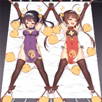 +++ 2girls =_= ^_^ afterimage ahoge animal armpits arms_up artist_name asymmetrical_legwear azur_lane bare_shoulders bdsm bird black_eyes black_gloves black_hair black_legwear black_panties blank_eyes blush blush_stickers bondage bound bound_ankles bound_wrists breasts breasts_apart brown_hair brush china_dress chinese_clothes cleavage_cutout closed_eyes clothing_cutout collar covered_navel dragon_print dress elbow_gloves feathers female_focus from_above full_body gloves hair_ornament hair_rings hairband half-closed_eyes holding holding_brush holding_feather holding_hands huoji_(wonderturkey) interlocked_fingers laughing long_hair lying manjuu_(azur_lane) medium_breasts mismatched_legwear motion_lines multiple_girls ning_hai_(azur_lane) nose_blush o-ring o-ring_bottom o-ring_panties on_back on_bed open_mouth outstretched_arms panties pelvic_curtain ping_hai_(azur_lane) purple_dress purple_eyes red_dress rope see-through_clothes side-tie_panties side_slit sidelocks signature skindentation sleeveless sleeveless_dress small_breasts smile spread_eagle_position spread_legs string_panties symmetry tears thighhighs tickling tickling_armpits tickling_feet tickling_legs tickling_sides twintails underwear white_background white_hairband white_panties