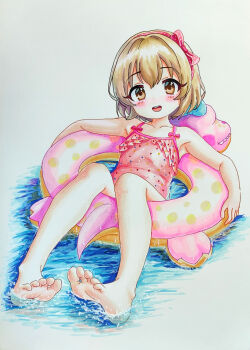 1girl absurdres afloat armpits barefoot blonde_hair bob_cut brown_eyes casual_one-piece_swimsuit child collarbone eyelashes feet female_focus flat_chest full_body hair_between_eyes hair_ornament hairband happy highres idolmaster idolmaster_cinderella_girls idolmaster_cinderella_girls_u149 innertube koga_koharu light_blush looking_at_viewer marker_(medium) medium_hair namco neck ocean one-piece_swimsuit open_mouth outstretched_arms pink_hairband pink_one-piece_swimsuit print_swimsuit sidelocks soles solmyr2000 summer swim_ring swimsuit toenails toes traditional_media water