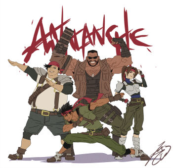 1girl 3boys armor armored_boots bandana barret_wallace beard biggs_(ff7) black_hair black_shirt blue_eyes blue_leotard boots breastplate breasts brown_boots brown_eyes brown_hair brown_vest clenched_hand dark-skinned_male dark_skin dog_tags elbow_gloves facial_hair facial_scar final_fantasy final_fantasy_vii final_fantasy_vii_remake fingerless_gloves flexing gloves green_pants green_shirt grey_shorts grin hand_on_own_hip headband heattech_leotard highres jessie_rasberry kobayashi_gen leotard long_hair lunging medium_breasts multiple_boys muscular muscular_male one_eye_closed pants plump ponytail pouch prosthetic_weapon red_bandana red_headband salute scar scar_on_cheek scar_on_face shirt short_hair shorts shoulder_armor signature smile sunglasses suspenders teeth thigh_pouch turtleneck veins veiny_arms very_short_hair vest wedge_(ff7) white_background