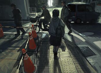 Rule 34 | 1girl, 3boys, absurdres, anko1127, backpack, bag, bicycle, bicycle basket, black bag, black hair, black jacket, black pants, black shoes, black skirt, car, commentary request, crosswalk, from behind, full body, grey hoodie, hands in pockets, highres, hood, hood down, hoodie, jacket, medium hair, morning, motor vehicle, multiple boys, original, outdoors, pants, riding, riding bicycle, road, school bag, shadow, shoes, short hair, skirt, street, sunlight, traffic cone, walking, wide shot
