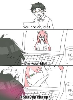 1boy 1girl aged_up anger_vein angry anya's_heh_face_(meme) anya_(spy_x_family) black_hair blush collared_shirt computer crossed_arms cup damian_desmond fake_horns glasses green_eyes hetero highres horns husband_and_wife i'm_your_idiot_forever_(meme) jewelry laptop long_hair meme milkywayag monochrome mug necktie pink_hair ring scene_reference shirt smug spy_x_family sweater_vest the_big_bang_theory turtleneck viewfinder wedding_ring yellow_eyes