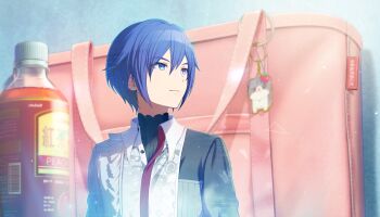 1boy 25-ji_kaito animal_charm bag black_shirt black_sweater blue_eyes blue_hair bottle cat_charm charm_(object) collared_shirt colorful_palette colors_of_pure_sense_(project_sekai) frilled_shirt frills gears_print handbag highres hologram kaito_(vocaloid) light_smile male_focus pink_bag project_sekai shirt solo sweater third-party_source turtleneck turtleneck_sweater upper_body water_bottle