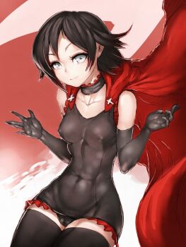 1girl bare_shoulders black_hair cameltoe cape choker covered_erect_nipples covered_navel elbow_gloves female_focus fumio_(rsqkr) gloves light_smile looking_at_viewer ruby_rose rwby short_hair skindentation solo thighs