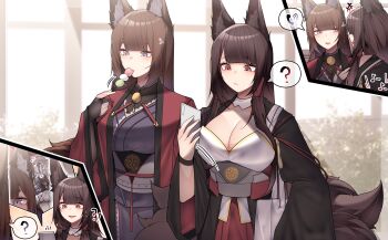 !? >_< +++ ? absurdres akagi_(azur_lane) amagi-chan_(azur_lane) amagi_(azur_lane) animal_ears azur_lane black_kimono breasts brown_hair cleavage commentary_request dango dated_commentary flying_sweatdrops food fox_ears fox_girl fox_tail highres holding holding_food holding_skewer japanese_clothes kaga_(azur_lane) kimono kitsune large_breasts long_hair multiple_girls multiple_tails phone purple_eyes purple_kimono red_eyes samip sanshoku_dango shinano-chan_(azur_lane) skewer speech_bubble spoken_question_mark spoken_symbol tail teeth upper_teeth_only wagashi