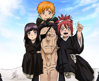 2boys 2girls abarai_ichika absurdres black_hair blank_stare bleach bleach:_epilogue blonde_hair child curious eyepatch grin highres kurosaki_kazui miharu_sokushi multiple_boys multiple_girls nemuri_hachigou red_hair scar scar_on_face scared shinigami smile sparkling_eyes zaraki_kenpachi
