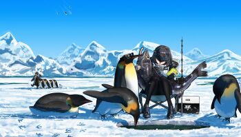 2girls 4boys absurdres animal arknights arknights:_endfield bird black_coat black_hair black_pantyhose chair chinese_commentary coat collared_sweater commentary_request crossover day drone endministrator_(arknights) eye_mask female_endministrator_(arknights) fish fishing_rod full_body highres holding holding_animal holding_fish kowalski_(madagascar) long_sleeves magallan_(arknights) mask mountain multicolored_coat multicolored_hair multiple_boys multiple_girls on_chair open_clothes open_coat open_mouth outdoors pantyhose penguin private_(madagascar) qiushannan ribbed_sweater rico_(madagascar) short_hair sitting skipper_(madagascar) smile snow streaked_hair sunglasses sweater the_penguins_of_madagascar two-tone_coat two-tone_hair walking white_hair white_sweater