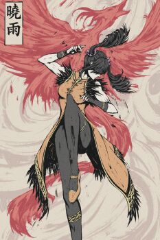 1girl absurdres akramness bird black_hair black_pantyhose breasts commentary covered_eyes dress fighting_stance grey_background highres large_breasts ling_xiaoyu long_hair orange_dress pantyhose phoenix shoes solo standing standing_on_one_leg tekken tekken_7 twintails