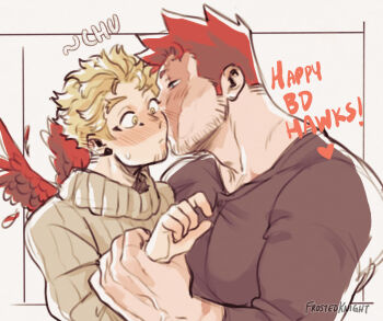 Rule 34 | 2boys, arm up, artist name, black shirt, blonde hair, blush, boku no hero academia, closed mouth, commentary, crew neck, endeavor (boku no hero academia), english commentary, facial hair, goatee, hand on another's arm, happy birthday, hawks (boku no hero academia), inset border, leo (frosted knight), looking at another, male focus, medium sideburns, multiple boys, red hair, red wings, scar, scar across eye, scar on face, shirt, short hair, sound effects, spiked hair, sweater, turtleneck, turtleneck sweater, upper body, wide-eyed, wings, yaoi