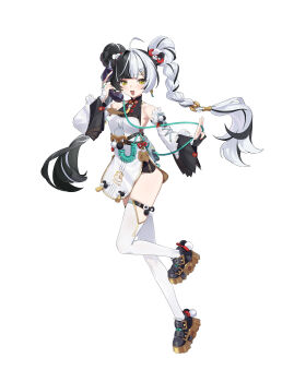 1girl absurdres bare_shoulders black_hair braid braided_twintails china_dress chinese_clothes commentary_request detached_sleeves dialyn_(zenless_zone_zero) dress earrings highres jewelry long_hair multicolored_hair necktie open_mouth phone solo split-color_hair tabris_(pixiv_98267348) thighhighs white_hair yellow_eyes zenless_zone_zero