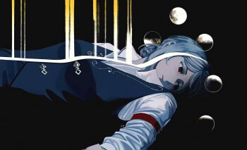 1girl black_background black_vest collared_shirt hair_bun highres ling_(chaaaaanhikari) looking_to_the_side lying moon_phases on_back parted_lips red_eyes reverse:1999 shirt short_hair single_side_bun solo upper_body vertin_(reverse:1999) vest white_shirt