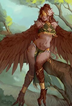 1girl artist_name bare_shoulders bird_legs breasts brown_feathers brown_hair brown_wings cleavage_cutout clothing_cutout commentary commission ear_chain english_commentary eye_mask feathers hair_bun harpy highres linked_piercing lips long_hair mask medium_breasts monster_girl navel original parted_lips pelvic_curtain piercing pointy_ears pubic_tattoo sitting_on_branch sleepingsol solo talons tan tattoo tree winged_arms wings