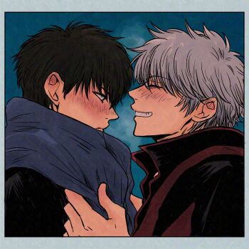 Rule 34 | 2boys, arms up, black hair, black shirt, blue background, blue scarf, blush, border, closed mouth, collared shirt, commentary request, from side, frown, gintama, grey hair, grin, highres, hijikata toushirou, looking down, male focus, multiple boys, open collar, popped collar, red trim, s m6i h, sakata gintoki, scarf, shirt, short hair, smile, upper body, white border
