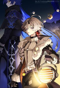 Rule 34 | 2boys, absurdres, ahoge, bare shoulders, black gloves, black pants, coat, commentary, earrings, flins (genshin impact), fur trim, genshin impact, gloves, highres, holding lamp, illuga (genshin impact), jacket, jewelry, long hair, long sleeves, looking at viewer, multicolored hair, multiple boys, naru9, pants, scar, scar on neck, scar on shoulder, short hair, single earring, symbol-only commentary, walking, yellow eyes