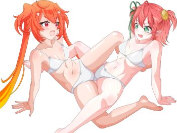 2girls absurdres ahoge barefoot belly bra breasts coin commission enya_ignis full_body fuyo_cloverfield green_eyes hair_ornament hairclip highres chromashift leenvidia long_hair looking_at_another multiple_girls navel open_mouth orange_hair panties pink_hair pointy_ears red_eyes short_hair sitting small_breasts spread_legs transparent_background tribadism tribadism_through_clothes twintails underwear underwear_only virtual_youtuber white_bra white_panties yuri