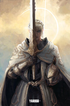 Rule 34 | 1girl, absurdres, armor, armor under clothes, artist name, blonde hair, braid, cloak, crown braid, elden ring, elden ring: shadow of the erdtree, gauntlets, golden cross (elden ring), graves, hand on helmet, helm, helmet, highres, holding, holding sword, holding unworn helmet, holding weapon, knight, looking at viewer, needle knight leda, one eye covered, ornate, ornate armor, solo, sword, unworn headwear, unworn helmet, weapon, white cloak, yarogh