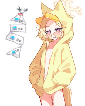 1girl absurdres animal_ears bird blonde_hair blue_archive closed_mouth commentary cowboy_shot flat_chest fox_ears fox_girl fox_tail gacha_(game_mechanic) halo hands_in_pockets highres hood hood_up hooded_jacket jacket long_hair long_sleeves looking_at_viewer looking_over_eyewear naked_jacket navel one-piece_swimsuit purple_eyes red-tinted_eyewear s9uirrel seia_(blue_archive) seia_(swimsuit)_(blue_archive) simple_background solo sunglasses swimsuit symbol-only_commentary tail tinted_eyewear twitter_cutting_game visor_cap white_background white_one-piece_swimsuit yellow_halo yellow_jacket yellow_visor