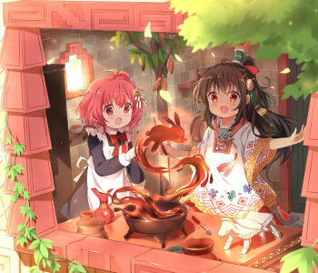 2girls :d absurdres ahoge apron architecture aztec black_dress blush bow brick_wall brown_hair chocolate commentary_request dark-skinned_female dark_skin dress frilled_apron frills hair_between_eyes hair_ornament highres holding holding_wand jug_(bottle) long_hair long_sleeves maid maid_apron mesoamerican_architecture mexico multiple_girls one_side_up open_mouth original poncho red_bow red_eyes red_hair smile spoon stick_jitb wand white_apron window