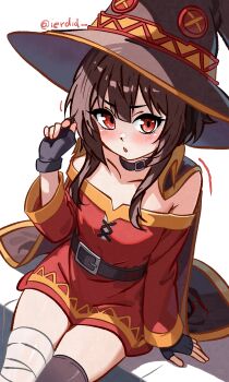 1girl :o absurdres asymmetrical_legwear bandaged_leg bandages belt belt_buckle black_belt black_cape black_gloves black_hat black_thighhighs blush brown_hair buckle cape choker dress fingerless_gloves gloves hat highres ierdid kono_subarashii_sekai_ni_shukufuku_wo! long_sleeves looking_at_viewer megumin open_mouth playing_with_own_hair red_dress red_eyes short_dress short_hair_with_long_locks single_thighhigh solo strapless strapless_dress thighhighs twitter_username white_background