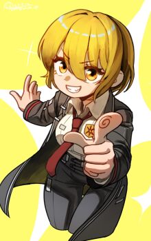 1girl 99dulgi belt black_jacket black_pants blonde_hair collared_shirt commentary_request dated don_quixote_(project_moon) eyelashes highres jacket korean_commentary lcb_uniform_(project_moon) limbus_company looking_at_viewer necktie open_clothes open_jacket pants pointing pointing_at_viewer project_moon red_necktie shirt short_hair signature smile solo sparkle standing teeth v-shaped_eyebrows white_shirt yellow_background yellow_eyes