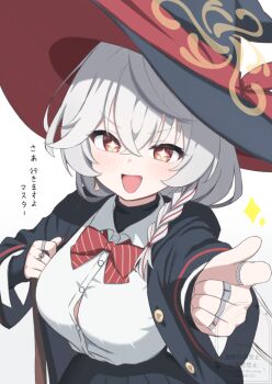 +_+ 1girl :d artexyan black_hat black_jacket black_skirt blue_archive blush bow bowtie braid breasts button_gap collared_shirt commentary_request cowboy_shot crossed_bangs diagonal-striped_bow diagonal-striped_bowtie diagonal-striped_clothes dress_shirt earrings eri_(blue_archive) grey_hair hair_between_eyes halo hat index_finger_raised jacket jewelry large_breasts long_hair long_sleeves looking_at_viewer low_ponytail multiple_rings open_clothes open_jacket open_mouth orange_eyes outstretched_arm pleated_skirt pointing pointing_at_viewer ponytail red_bow red_bowtie ring school_uniform shirt simple_background single_braid single_earring skirt smile smug solo sparkle striped_bow striped_bowtie striped_clothes translation_request v-shaped_eyebrows very_long_hair watermark white_background white_shirt wide_sleeves witch_hat yellow_halo