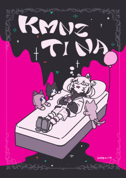 1girl animal_ears artist_name balloon bed black_background black_hair black_jacket black_sweater character_name commentary_request copyright_name dog_ears dog_girl full_body grey_hair grey_shoes grey_shorts highres iroenpitsu_12-shoku jacket kmnz lita_(kmnz) liz_(kmnz) long_sleeves loose_socks lying multicolored_hair multicolored_jacket nero_(kmnz) on_back on_bed pink_background puffy_long_sleeves puffy_sleeves shoes shorts sleeping socks solo stuffed_toy sweater tina_(kmnz) two-tone_hair two-tone_jacket virtual_youtuber white_jacket