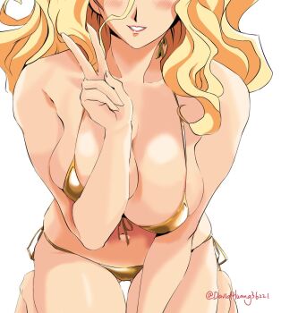 bare_shoulders bikini blonde_hair breasts david_huang eyes_out_of_frame gold_bikini golden_boy head_out_of_frame highres large_breasts long_hair onna_shachou parted_lips swimsuit thighs v