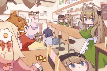 6+girls :< absurdres ahoge alternate_costume animal_ears apron arm_up backpack bag banknote bar_(place) baseball_cap beer_can bell black_bag black_bow black_hair blonde_hair blue_eyes blue_hair blush bow brown_hair cafe can cat_ears cat_girl cat_tail ceiling_light chair chalkboard character_doll chibi clock closed_mouth collar counter desk doll dress drink_can enmaided expressionless flower food frilled_apron frilled_dress frills green_dress green_eyes green_shirt green_sweater hair_between_eyes hair_bow hair_flower hair_intakes hair_ornament hair_ribbon hairband hairclip hand_on_table hat highres holding holding_can holding_plate holding_tray indoors jitome kipfel_(vrchat) layered_sleeves lightning_bolt_symbol long_hair long_sleeves looking_at_another looking_at_viewer maid maid_apron maid_headdress mamehinata medium_hair menu menu_board minahoshi_(vrchat) money multiple_girls neko_kakera off_shoulder on_chair open_mouth orange_bow orange_ribbon pink_shirt pink_sweater plate red_shirt restaurant ribbon shelf shirt shop short_hair short_over_long_sleeves short_sleeves sidelocks sitting smile stool sweater swivel_chair table tail trash_can tray twintails usasaki_(vrchat) very_long_hair vrchat wall_clock white_apron white_flower white_shirt wooden_chair