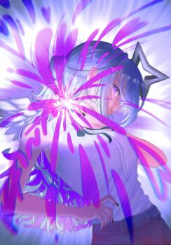 1girl alternate_costume alternate_hairstyle amane_kanata black_nails black_ribbon blue_hair chainsaw_man cosplay grenade_pin guuuuuu41 hair_bun halo highres hololive neck_ribbon purple_eyes reze_(chainsaw_man) reze_(chainsaw_man)_(cosplay) ribbon shirt shirt_tucked_in sleeveless sleeveless_shirt solo star_halo virtual_youtuber white_shirt