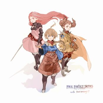 1girl 2boys ahoge animal_collar anniversary armor armored_boots armored_gloves blonde_hair blue_eyes blue_shirt boots breasts brown_eyes brown_hair brown_shorts c3ure cape collar dress final_fantasy final_fantasy_tactics_advance full_body highres holding holding_stuffed_toy holding_sword holding_weapon horn-shaped_hair long_hair long_sleeves low_ponytail marche_radiuju medium_breasts medium_hair mewt_randell multiple_boys orange_cape parted_lips pink_dress pink_eyes pink_hair ponytail ritz_malheur shirt shorts shoulder_armor shoulder_spikes spikes stuffed_animal stuffed_toy sword teddy_bear weapon wide_sleeves