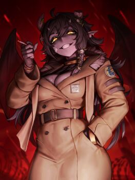 1girl absurdres ahoge belt bracelet breasts broken_horn cigarette cleavage coat collar colored_skin commentary cowboy_shot double-parted_bangs english_commentary gargoyle grey_hair grey_skin grin highres holding holding_cigarette horns indie_virtual_youtuber jax_(vtuber) jewelry large_breasts long_hair numanoan red_background second-party_source smile spiked_collar spikes trench_coat virtual_youtuber wings yellow_eyes