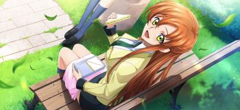 2girls artist_request black_footwear black_skirt blue_socks blurry breasts bush cloth code_geass code_geass:_lost_stories collared_shirt dappled_sunlight day depth_of_field dutch_angle falling_leaves female_focus food from_above from_side game_cg grass green_necktie hair_between_eyes hand_up happy highres holding holding_food holding_sandwich jacket kneehighs layered_sleeves leaf long_hair long_sleeves looking_at_viewer lunchbox medium_breasts miniskirt multiple_girls necktie non-web_source official_art on_bench open_mouth orange_hair outdoors pencil_skirt sandwich school_uniform shirley_fenette shirt shoes sidelocks sitting skirt smile socks solo_focus sunlight white_shirt yellow_eyes yellow_jacket