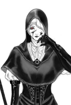 1girl black_capelet black_corset black_gloves black_hood blood blood_on_face capelet closed_mouth coif commentary corset elbow_gloves elden_ring elden_ring_nightreign english_commentary flanged_mace gloves highres holding holding_mace holding_weapon looking_at_viewer mace nun pale_skin red_eyes solo spot_color tsu_nu undertaker_(elden_ring) upper_body weapon white_background white_coif wiping_face