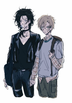 2boys backpack bag black_hair black_shirt carrying checkered_clothes chewing_gum choker collar collarbone facial_scar glasses hair_between_eyes harry_potter_(series) height_difference holding_hands jacket leather leather_jacket looking_at_viewer male_focus medium_hair multiple_boys multiple_scars pixiv_id_7170486 remus_lupin scar scar_on_cheek scar_on_face scar_on_forehead scar_on_neck shirt short_hair simple_background sirius_black standing white_background wing_collar wizarding_world