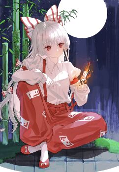 1girl absurdres bamboo bamboo_forest bow chinese_commentary closed_mouth collared_shirt commentary_request fire forest fujiwara_no_mokou full_moon hair_bow highres long_hair long_sleeves moon multiple_hair_bows nature ofuda ofuda_on_clothes pants pyrokinesis red_eyes red_pants red_shoes shadow shirt shoes sitting solo suspenders touhou very_long_hair white_bow white_hair white_shirt yinghua_yuexiang