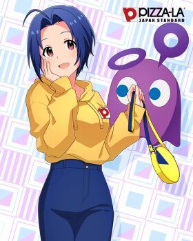 1girl ahoge blue_hair buttons card_(medium) denim english_text forehead ghost holding hood hoodie idolmaster idolmaster_million_live! idolmaster_million_live!_theater_days miura_azusa official_art open_mouth pac-man_(game) red_eyes