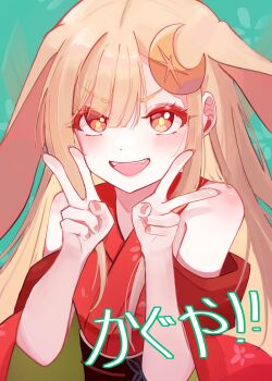 1girl :d absurdres animal_ears bare_shoulders blonde_hair character_name cho_kaguya-hime! commentary_request crescent crescent_hair_ornament d4aann detached_sleeves double_v fangs hair_ornament hands_up highres japanese_clothes kaguya_(cho_kaguya-hime!) kimono long_hair looking_at_viewer open_mouth rabbit_ears red_kimono smile solo translation_request upper_body v v-shaped_eyebrows