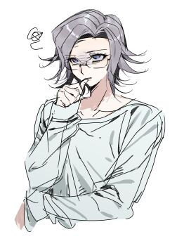 1boy absurdres aotsuki_eito blue_eyes chinese_commentary collarbone commentary_request cropped_torso eyelashes glasses grey_hair highres long_sleeves male_focus rectangular_eyewear semi-rimless_eyewear shirt short_hair sige559003 simple_background sketch solo squiggle the_hundred_line_-last_defense_academy- thumb_to_mouth white_background white_shirt