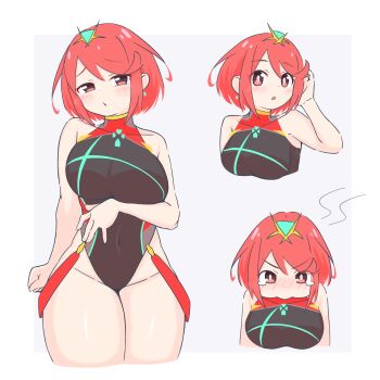 Rule 34 | 1girl, bare shoulders, black one-piece swimsuit, blush, breasts, chest jewel, commentary request, covered navel, earrings, flustered, highres, jewelry, large breasts, multiple views, one-piece swimsuit, pyra (pro swimmer) (xenoblade), pyra (xenoblade), red eyes, red hair, short hair, simple background, suspenders hanging, swept bangs, swimsuit, thighs, tiara, uncool mochi, white background, xenoblade chronicles (series), xenoblade chronicles 2