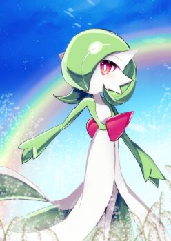 Rule 34 | 1girl, blue sky, blurry, blurry foreground, blush, bob cut, bright pupils, chisen maimai, closed mouth, colored skin, day, female focus, flat chest, flower, gardevoir, gen 3 pokemon, green hair, green skin, hair over one eye, happy, light blush, lily of the valley, looking afar, multicolored skin, nintendo, one eye covered, outdoors, pokemon, pokemon (creature), rainbow, red eyes, short hair, sky, smile, solo, standing, two-tone skin, white flower, white pupils, white skin