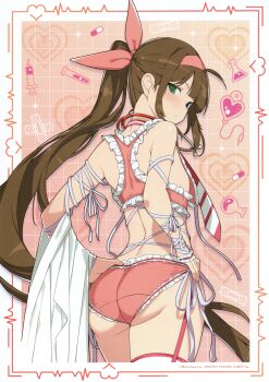 1girl absurdres ahoge ass blue_eyes bra brown_hair closed_mouth coat copyright_logo diagonal-striped_clothes diagonal-striped_necktie flat_chest frilled_cuffs from_behind green_eyes hair_ribbon hairband hands_on_own_hips highres lab_coat lace_trim light_blush light_frown logo long_hair looking_at_viewer looking_back midriff necktie non-web_source official_alternate_hairstyle official_art panties pink_background pink_bra pink_hairband pink_panties ponytail purple_ribbon red_necktie ribbon ryoubi_(senran_kagura) scan self-scan senran_kagura senran_kagura_new_link single_wrist_cuff skindentation solo stethoscope_around_neck striped_clothes striped_necktie thighhighs underwear unworn_coat very_long_hair white_thighhighs wrist_cuffs yaegashi_nan